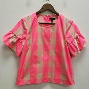 J Crew Womens Ruffle Sleeve Top Size 6 Neon Pink Plaid Short Sleeve Round Neck